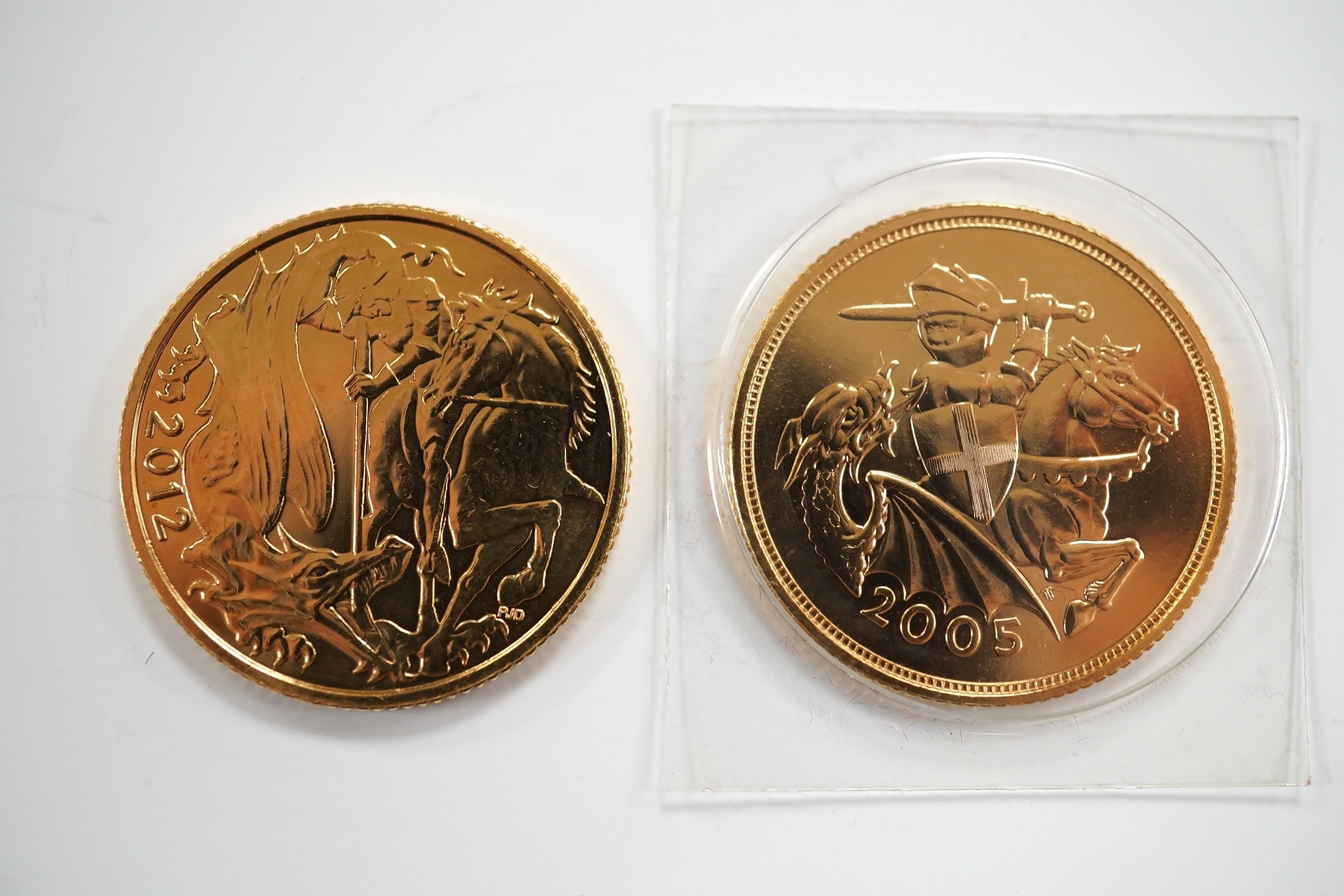 British gold coins, two bullion sovereigns, 2005 and 2012, BUNC